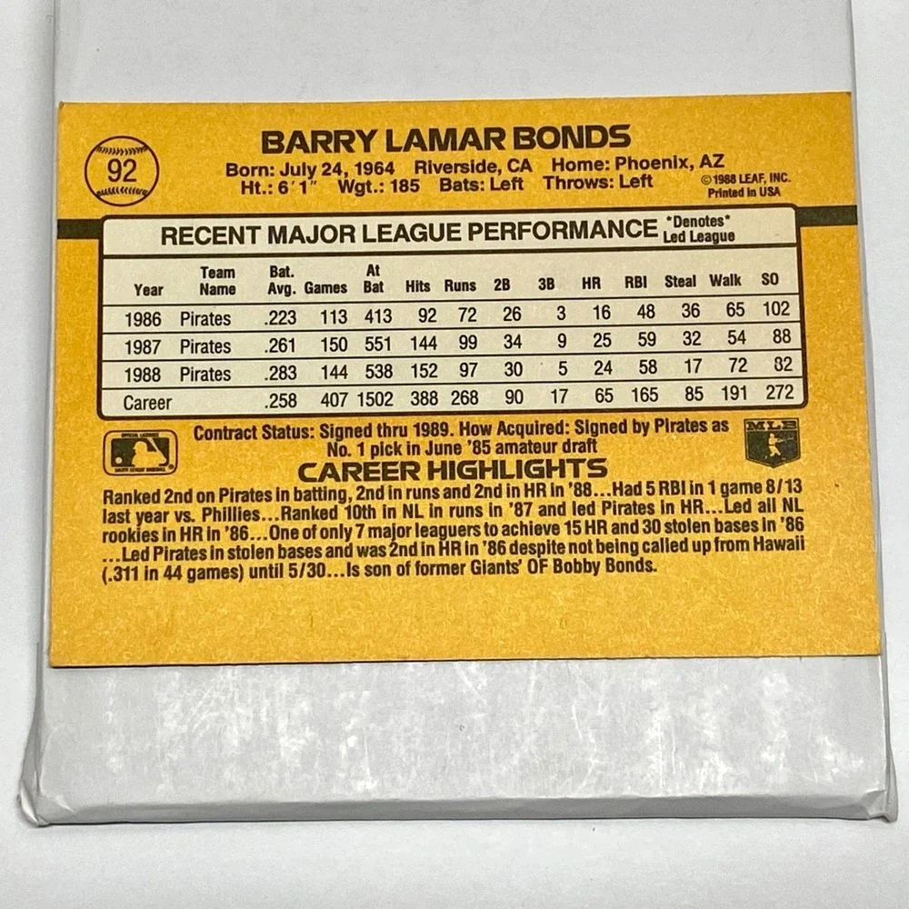 Vintage Donruss MLB '89 Barry Bonds Pittsburgh Pirates Base Set Baseball Card 92